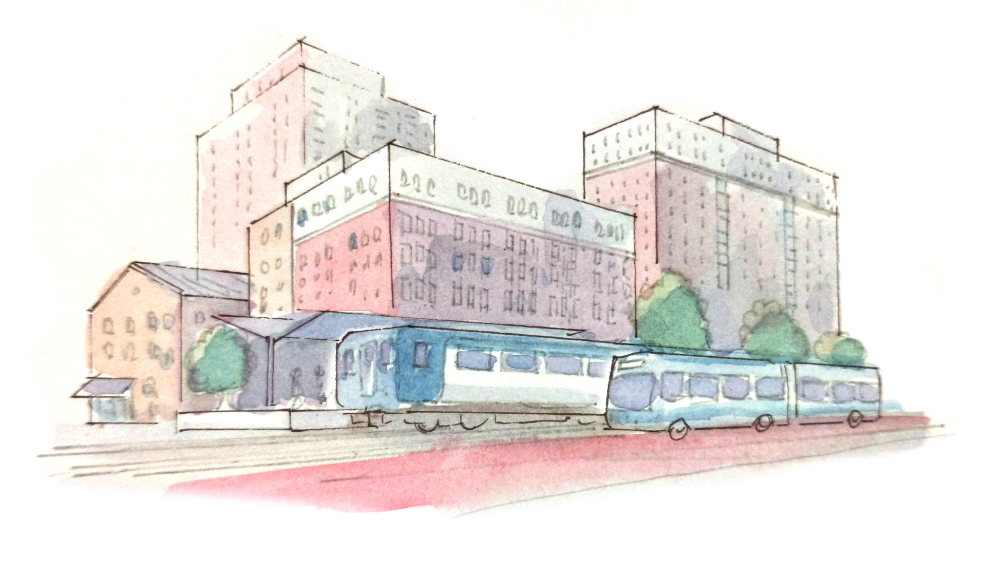 Watercolor sketch of a transit station along a corridor with mid-rise buildings and shops