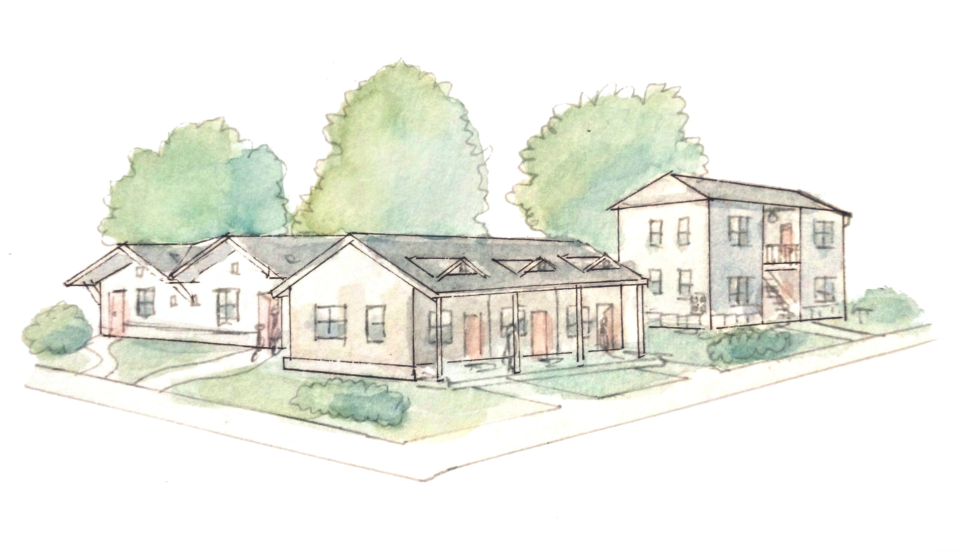 Watercolor sketch of a mix of single-family, duplex, and small apartment buildings along a tree-lined street