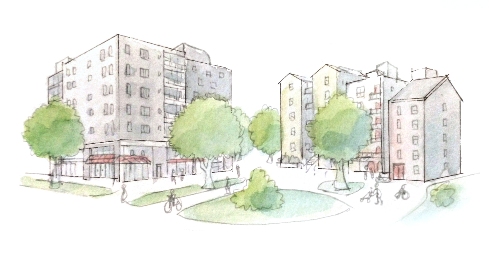 Watercolor sketch of a walkable neighborhood with apartments, shopfronts, trees, and people walking and biking